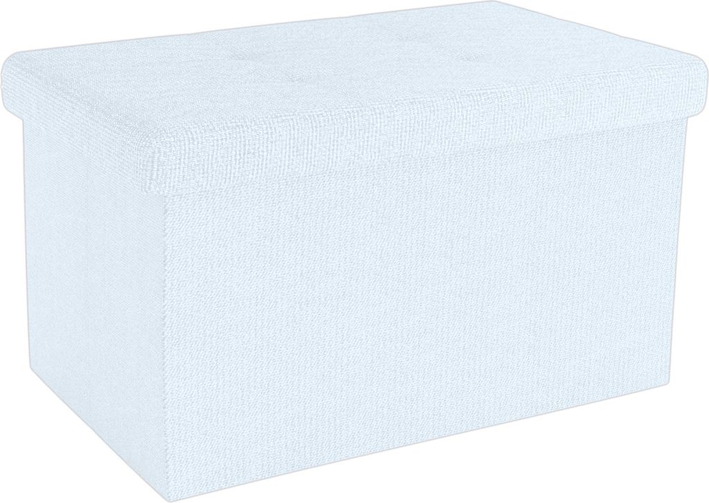 A white storage ottoman is shown against a white background.