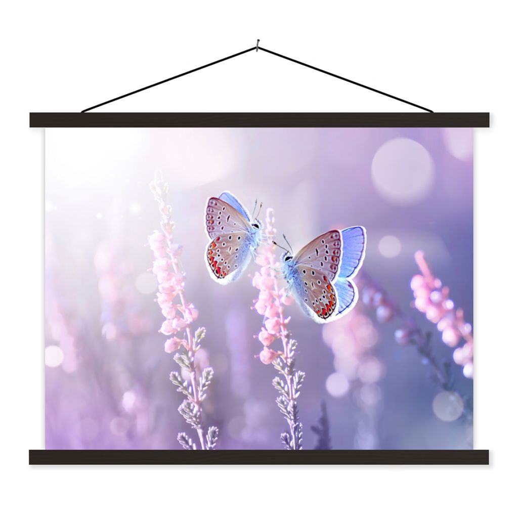 MuchoWow Textilposter Schmetterling - Lavendel - Blumen - Lila 60x45 cm mit schwarzem Rahmen - Poster Schlafzimmer