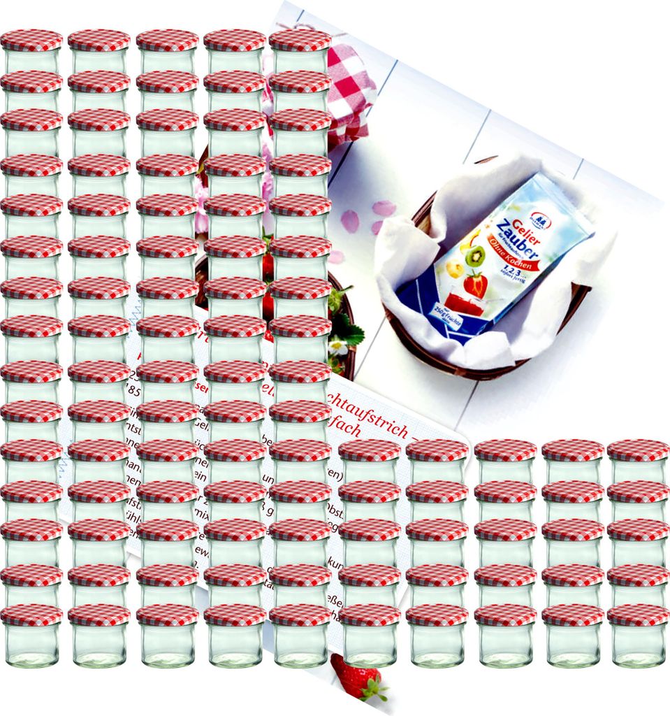 A large collection of small glass jars with red and white checkered lids, along with a packet of "Gelierzauber" (gelling magic) and a recipe booklet, arranged on a white surface.
