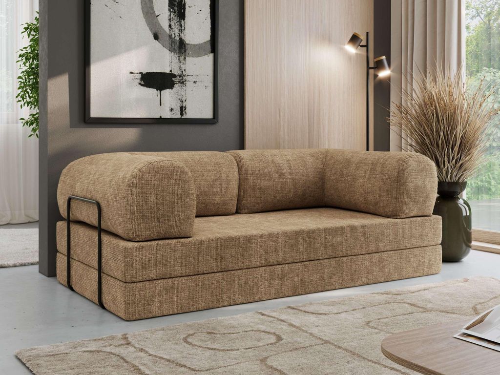 MKS MEBLE Schlafsofa 3-Sitzer ORSETTO 200 cm Sofa mit Schlaffunktion & Metallrahmen Modernes Design Ausziehcouch, HR-Schaum - Hellbraun Schenille g...