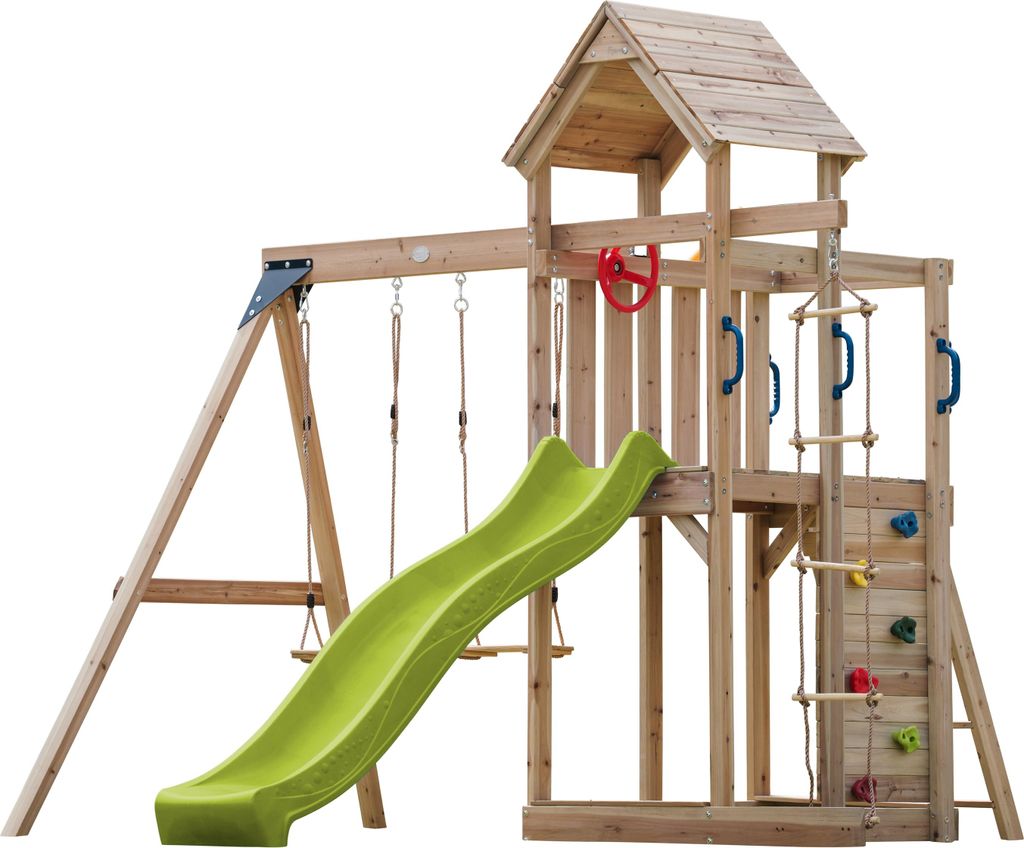 AXI Moos Spielturm aus Holz mit 2 Schaukeln & Strickleiter | XXL Spielhaus / Spielplatz für Kinder mit Kletterwand, Sandkasten & Rutsche in Hellgr...