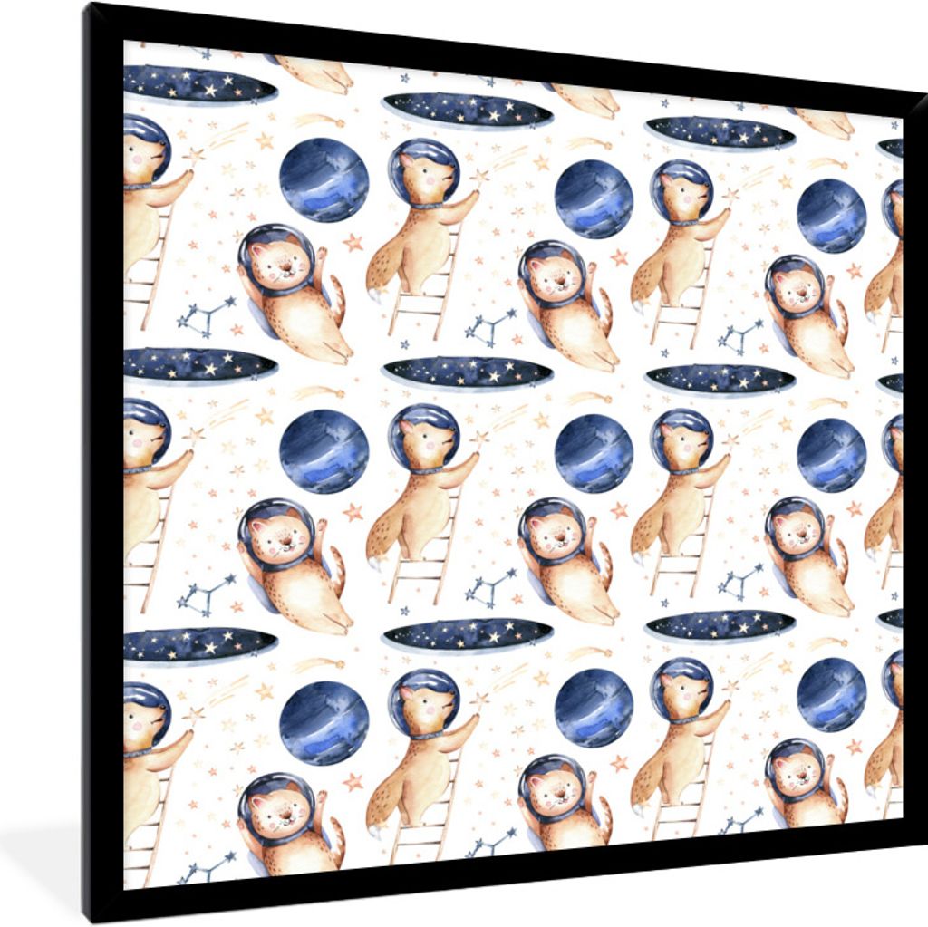 MuchoWow Gerahmtes Poster Fuchs - Katze - Weltraum - Jungen - Mädchen - Kinder - Kinder 40x40 cm - Poster mit Schwarzem Bilderrahmen Wandposter ...