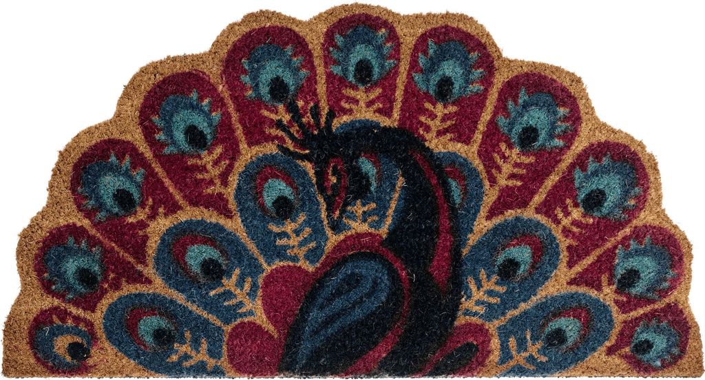 BELIANI Fußmatte Mehrfarbig / Bunt Kokosfaser 45 x 75 cm Halbrund Pfauenmotiv mit Anti-Rutsch-Rückseite Fußabtreter Türmatte Schmutzfangmatte