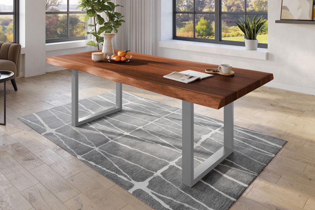 Baumkantentisch 240 x 110 cm Esstisch massiv Akazie Nussbaum U-Gestell Silber TITAN