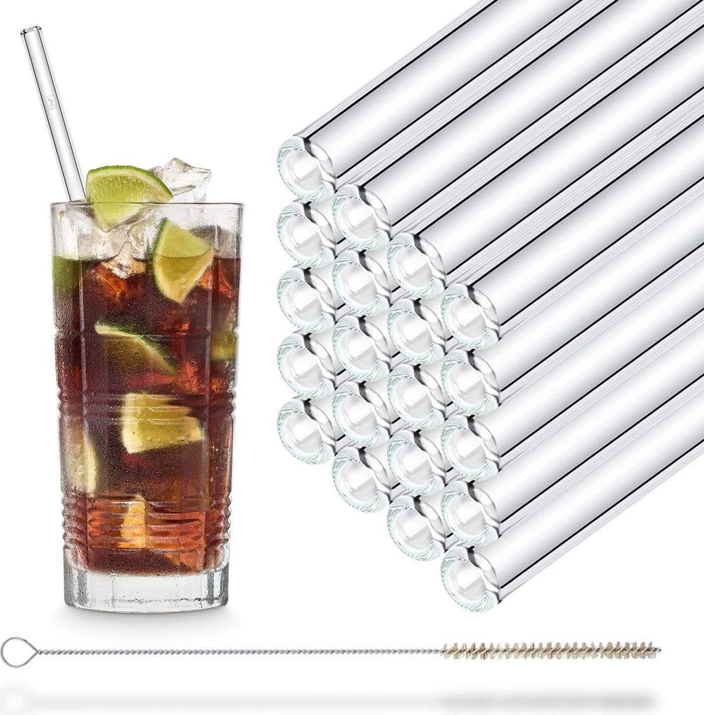 HALM Glasstrohhalme Wiederverwendbar Trinkhalm - 20 Stück gerade 23 cm + plastikfreie Reinigungsbürste - Spülmaschinenfest - Nachhaltig