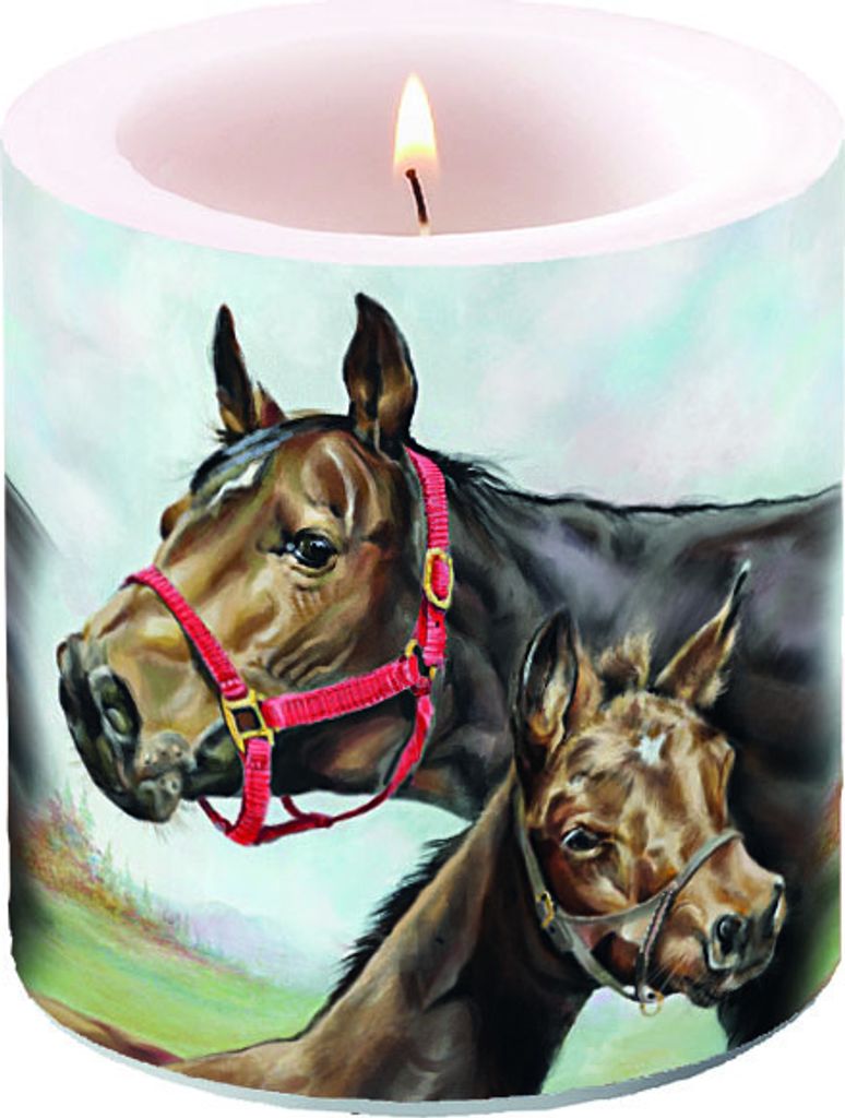 RP Kerze rund klein Horse Love - Liebevolle Pferdefamilie Ø7,5cm, Höhe 8cm