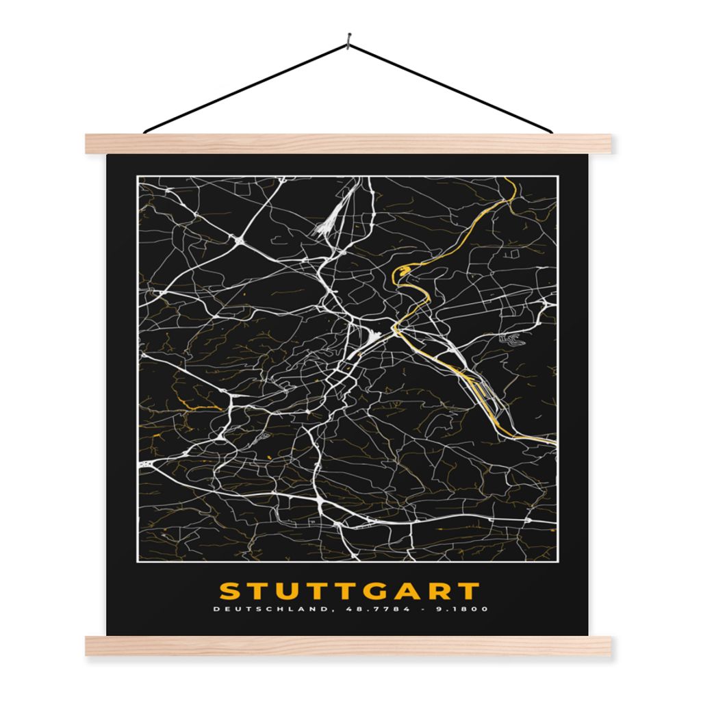 MuchoWow Textilposter Stuttgart - Gold - Karte - Stadtplan - Deutschland 40x40 cm mit holzfarbenen Rahmen - Posterleiste