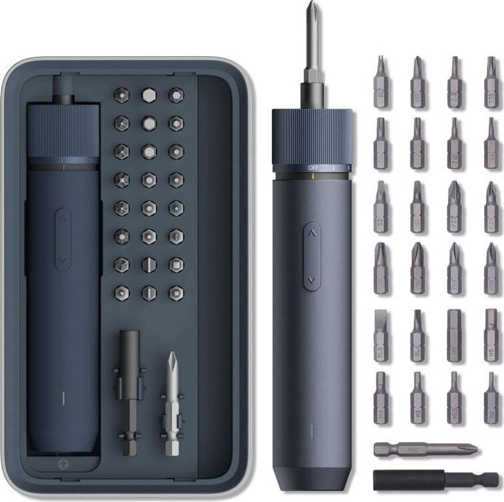 A product shot of an electric screwdriver set with multiple bits, displayed in its case and separately.