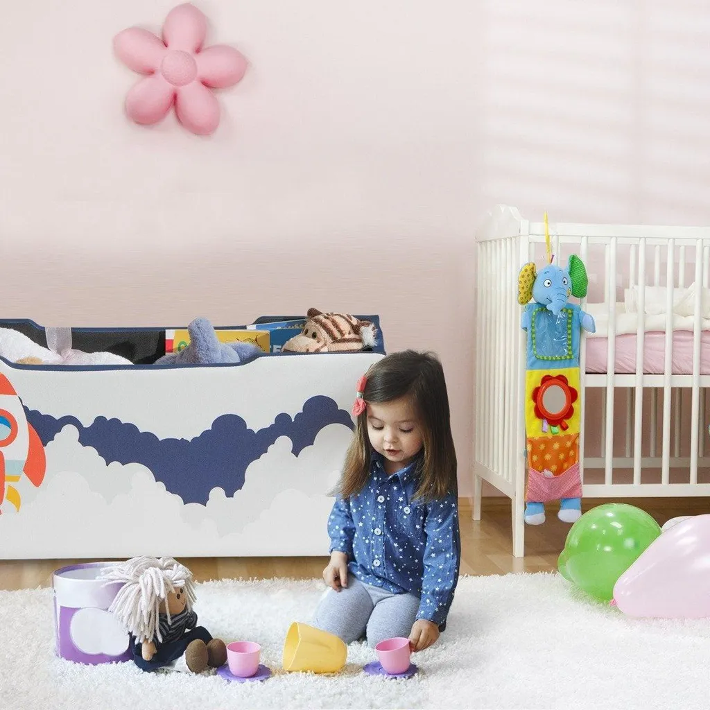 Coffre de rangement pour chambre enfant bleu marine avec motif fusée spatiale