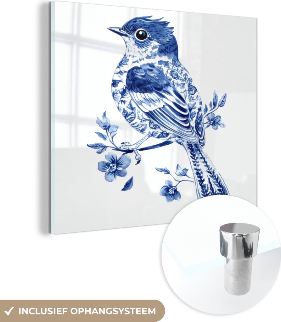 MuchoWow Glasbilder - Bilder auf Wandbild - Foto auf Glas Vogel - Delfter Blau - Illustration - Blumen 40x40 cm Wanddekoration aus Glas - Acrylglas...