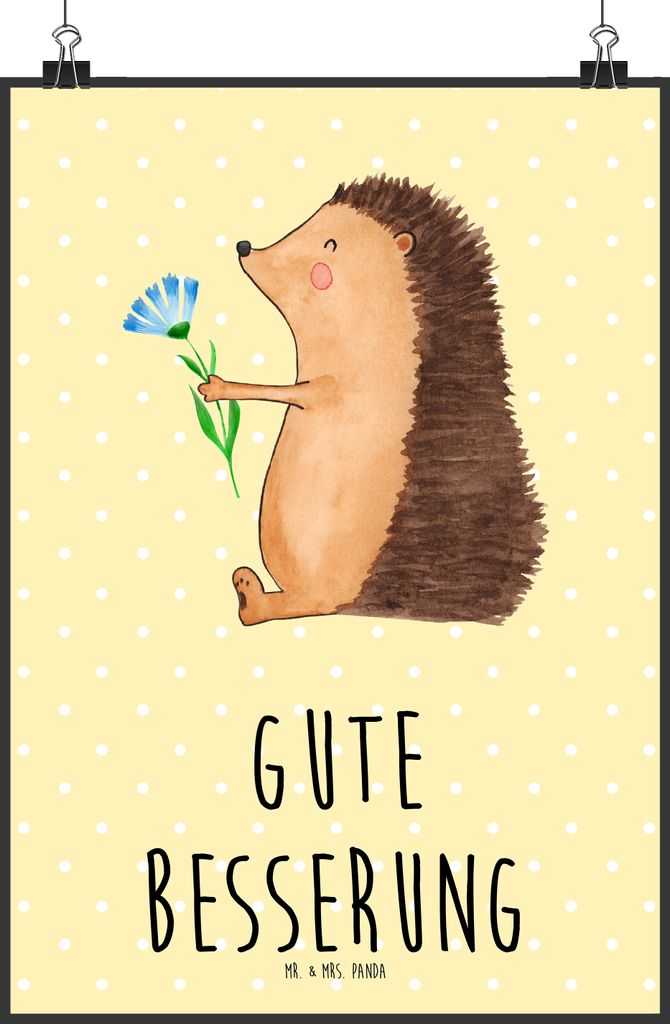 Mr. & Mrs. Panda Bild Igel Blumen DIN A1 - Gelb Pastell - Geschenk, Kunstdruck, Krankheit, Gute Besserung, wanddeko, Besuch, Plakat, Lustige Sprüc...
