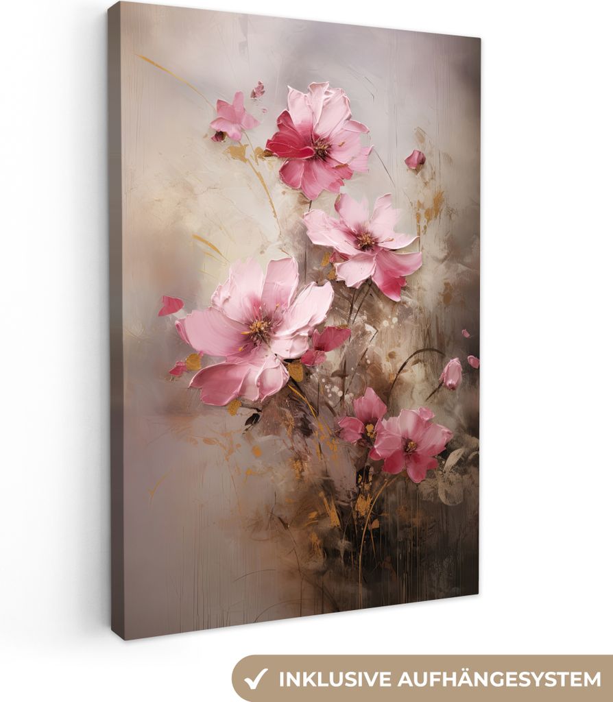 MuchoWow - Leinwandbilder - Blumen - Rosa - Kunst - Aquarell, Wandbild, Wanddeko Bilder Wohnzimmer, 60x90 cm
