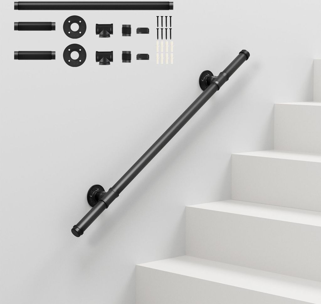 Aopunly Handlauf Verzinktes Stahlrohr Geländer Pulverbeschichtung Schutzbügel Treppe Innen und Außen Schwarz 100cm