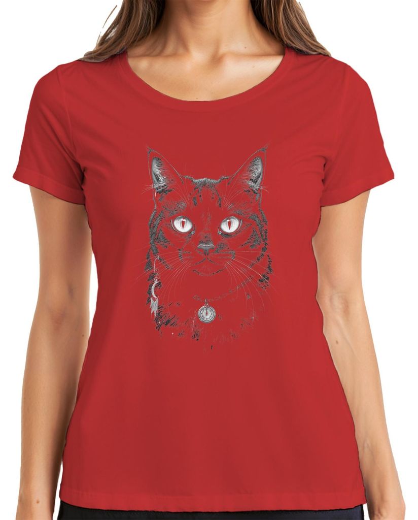 Katzenkopf Skizze Anhänger Kette Katzenliebhaber Vintage Damen T-Shirt, Rot, S