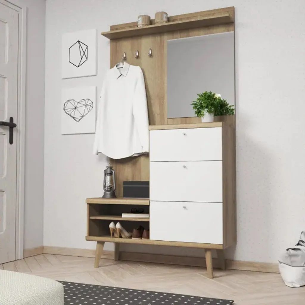 Garderobe- set PRIMO PG110 Wandgarderobe mit Spiegel Schuhschrank Weiß / Eiche Riviera