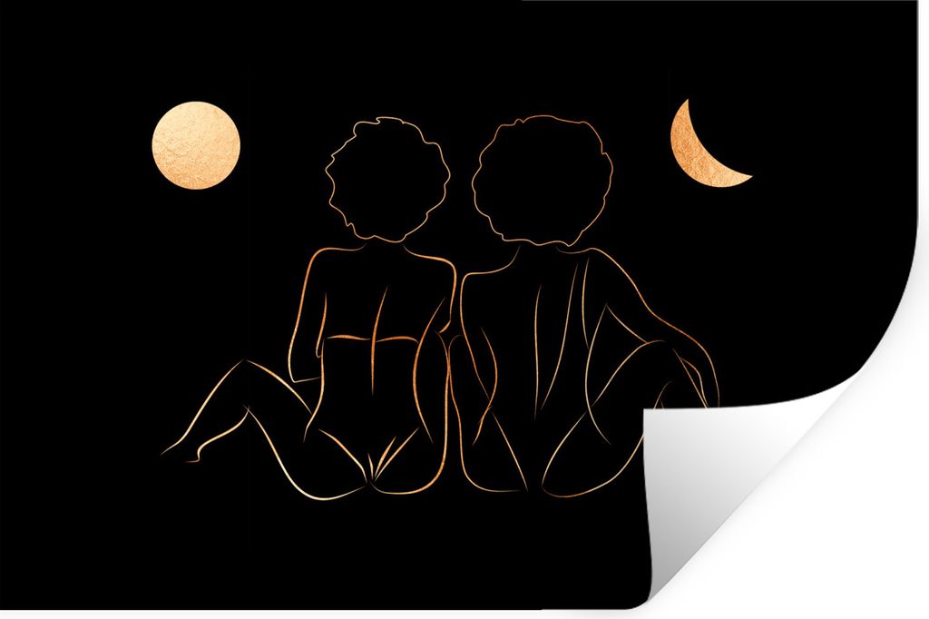 MuchoWow Wandtattoo Wandsticker Wandaufkleber Frauen - Mond - Gold - Strichzeichnung 120x80 cm Selbstklebend und Repositionierbar - Selbstklebend...