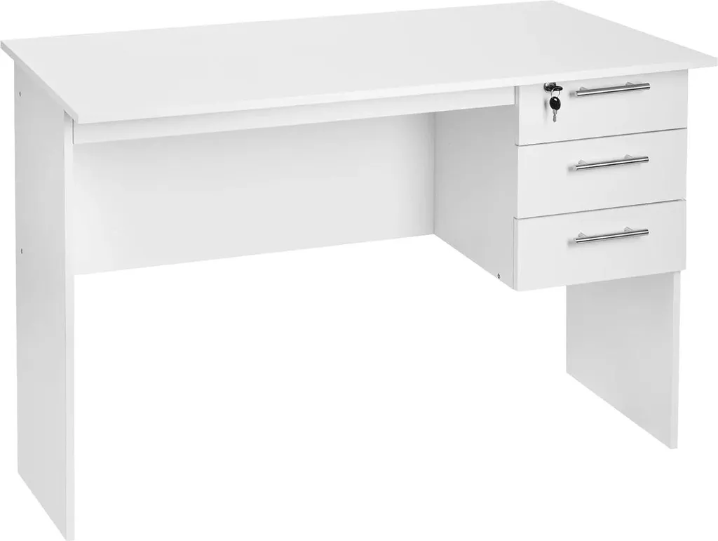 Grand Bureau Informatique Blanc en Pin avec Rangement Intégré de 3 Tiroirs