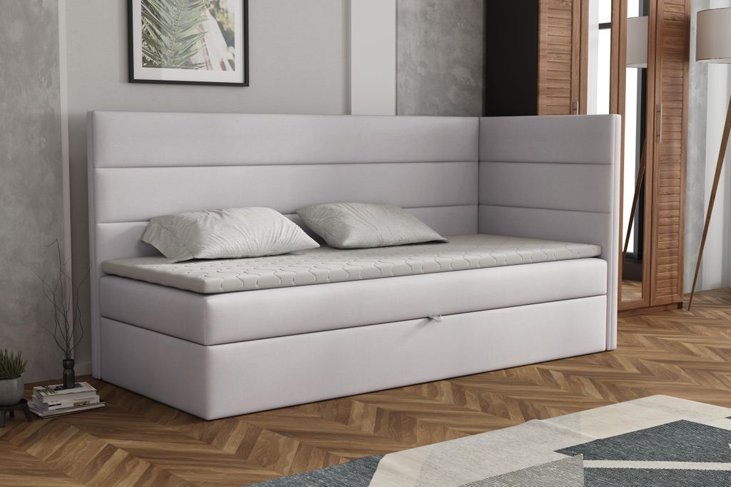 MR GROUP Boxspringbett LUGO 90x200cm rechts hellgrau Einzelbett Bett Stauraum Kinderbett Jugendbett Samtstoff, Polsterbett mit Matratze und Topper H3