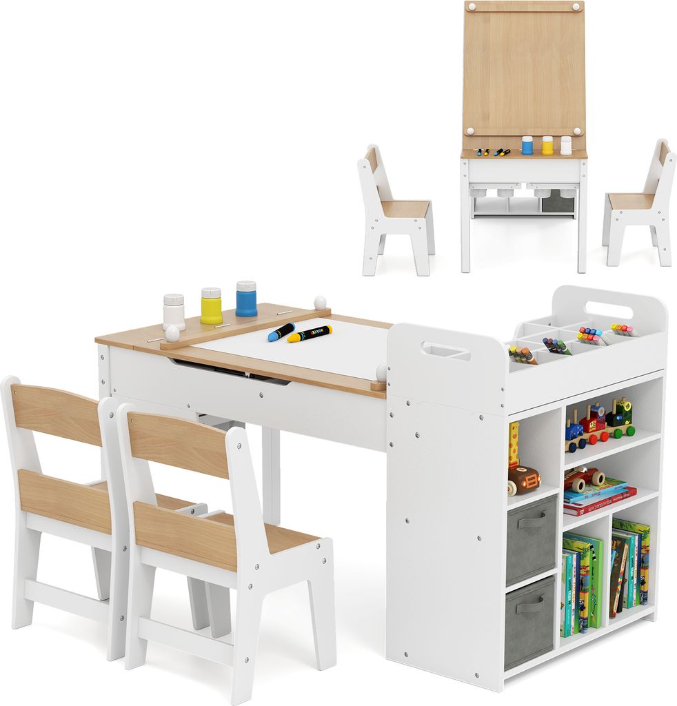 A children's art table and chair set with storage.