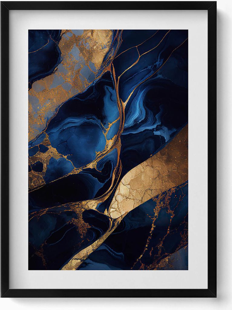 Abstrakte Textur aus Marmor und Gold– Wandbild mit Rahmen – Gerahmtes Bild – Wanddekoration – 50x70 cm – Schwarz Rahmen