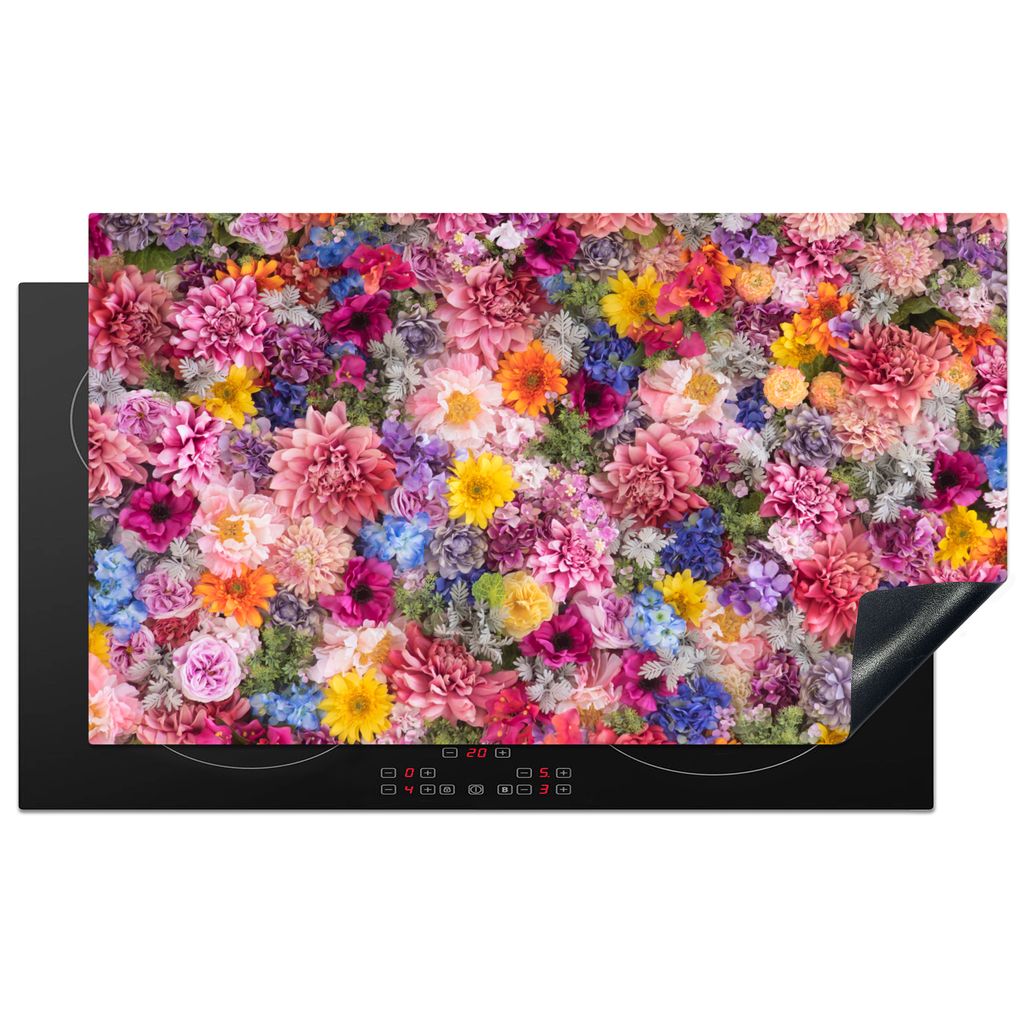 KitchenYeah Herdabdeckplatte Blumen - Farben - Collage , 91x52cm, Küche Deko, Glaskeramikkochfeld Herdabdeckung, Abdeckplatte fùr Kochfeld