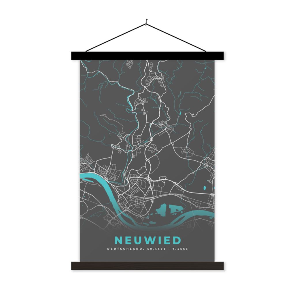 MuchoWow Textilposter Blau - Deutschland - Karte - Stadtplan - Neuwied 60x90 cm mit schwarzem Rahmen - Poster Wohnzimmer