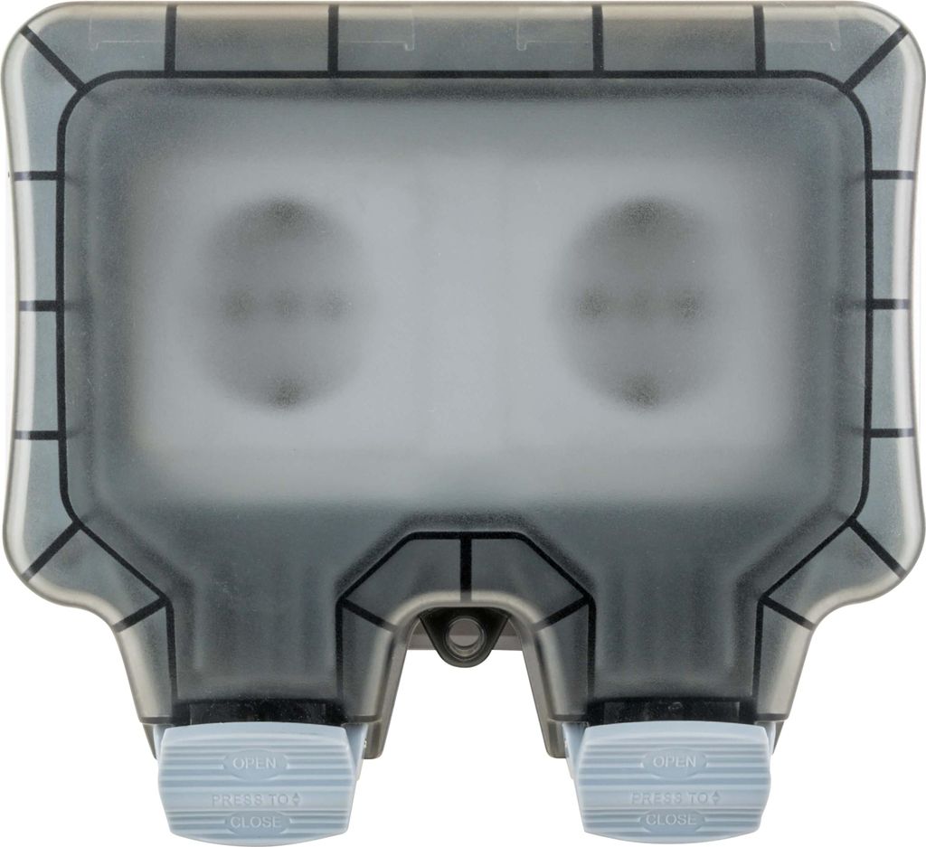 A close-up, front-facing studio shot of a gray, two-outlet outdoor electrical socket with protective caps on the bottom.