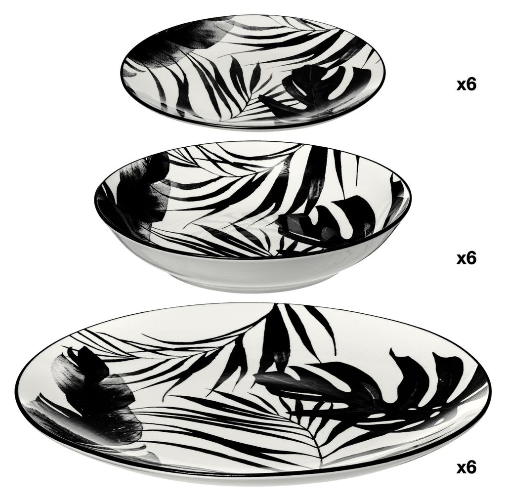 Three oval plates with a black palm leaf pattern on a white background.