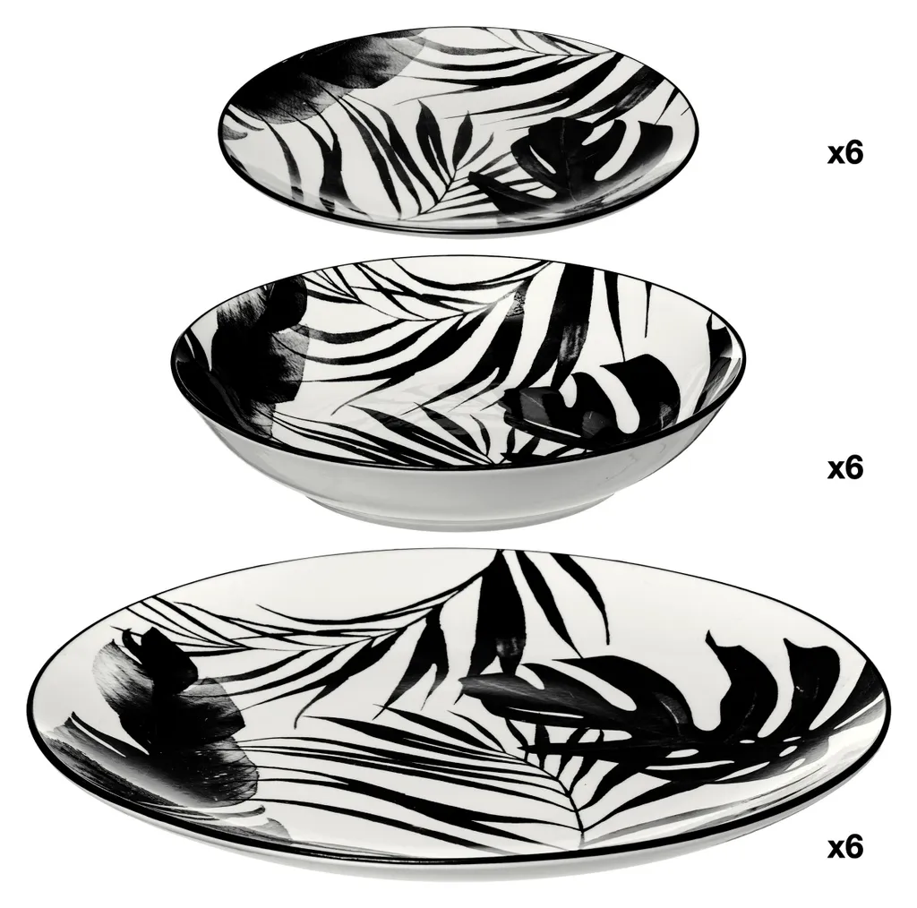 Servizio Piatti 18 Pezzi Palme Black: Design Esotico e Minimalista