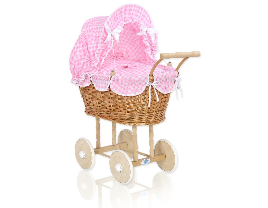 Wiklinvagn für Puppen mit rosa Bettwäsche aus natürlichem Rattan und stabilem Buchenholzrahmen