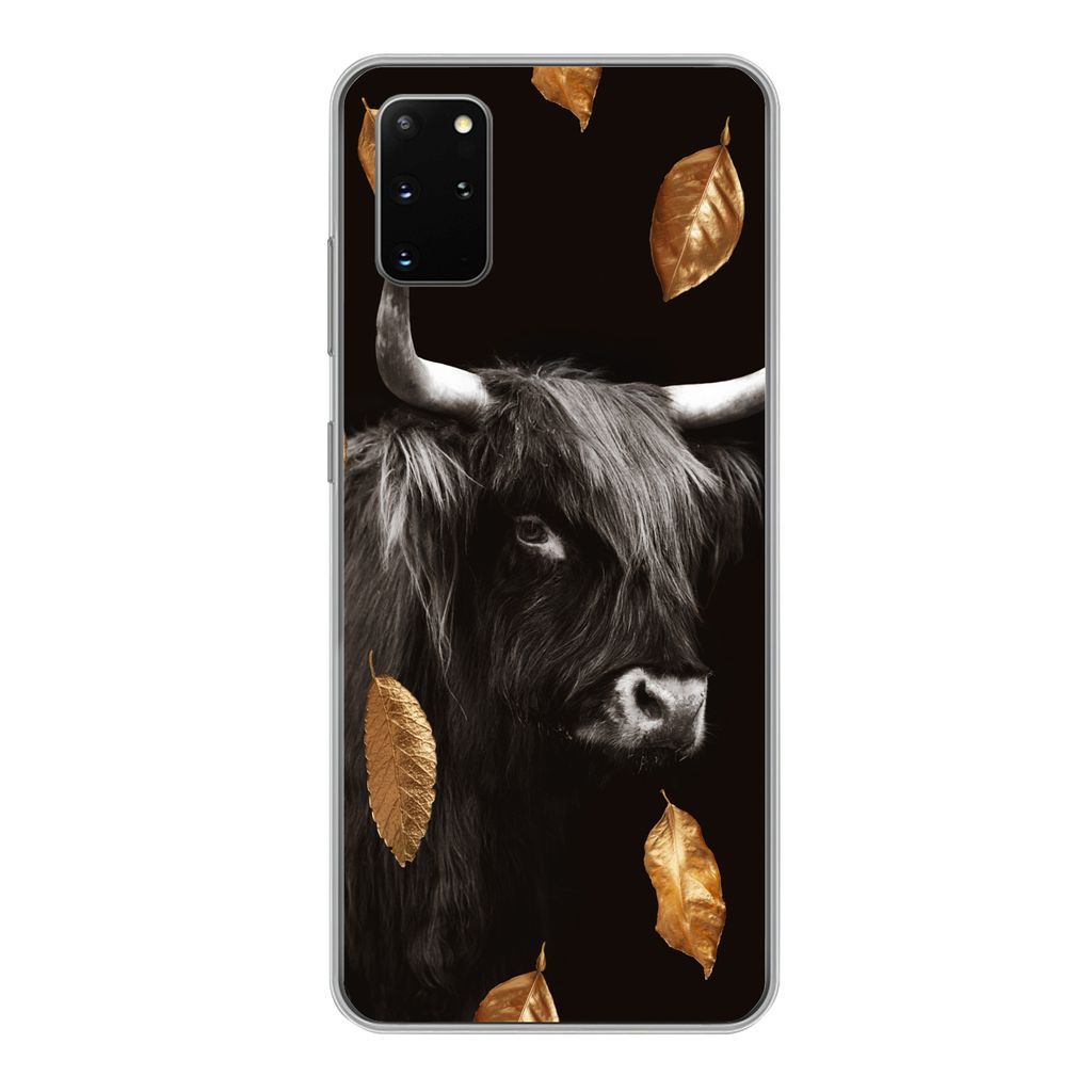 MuchoWow Handyhülle Schutzhülle Hülle für Samsung Galaxy S20 Plus Schottischer Highlander - Blätter - Gold - Schwarz Silikon Softcase Handy ...