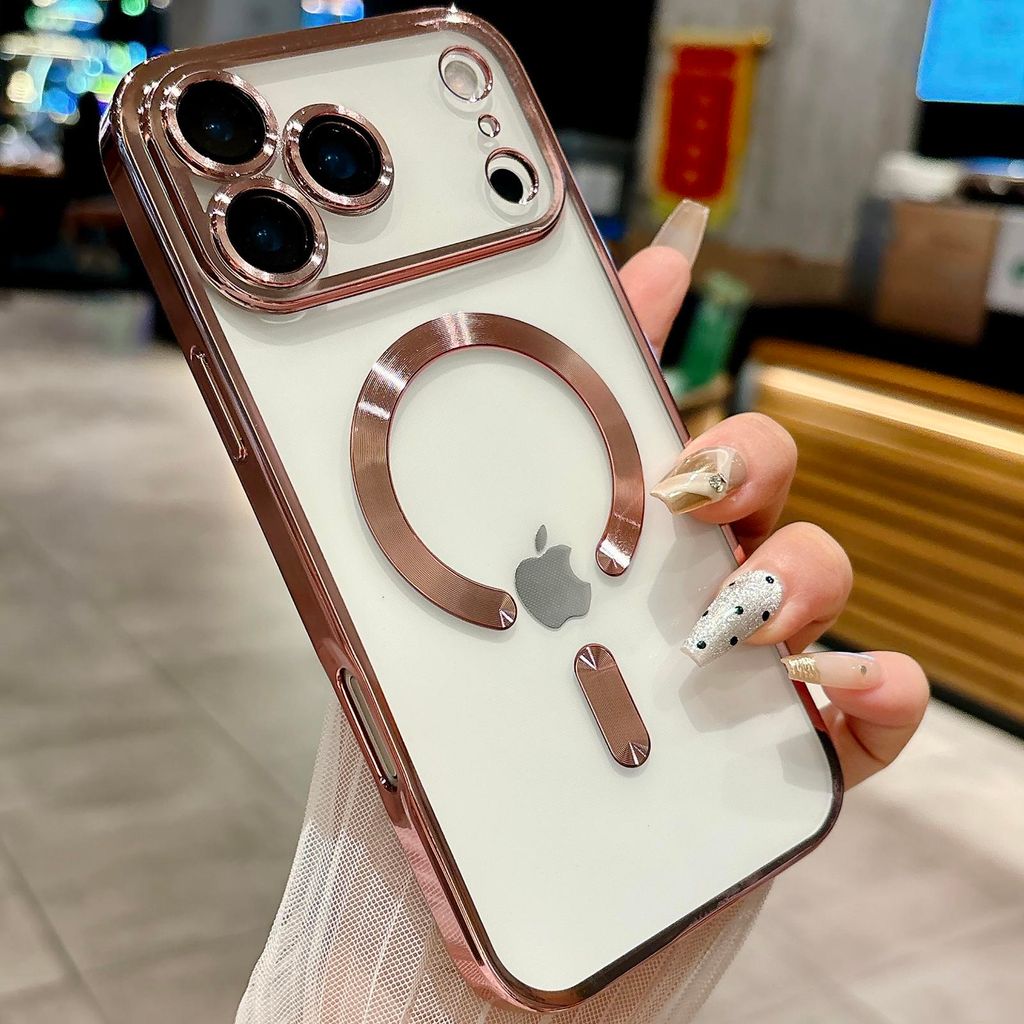 Magnetische Klar Hülle für iPhone 17, Kompatibel mit MagSafe, Elektroplattiert Handyhülle mit Kameraschutz Pink