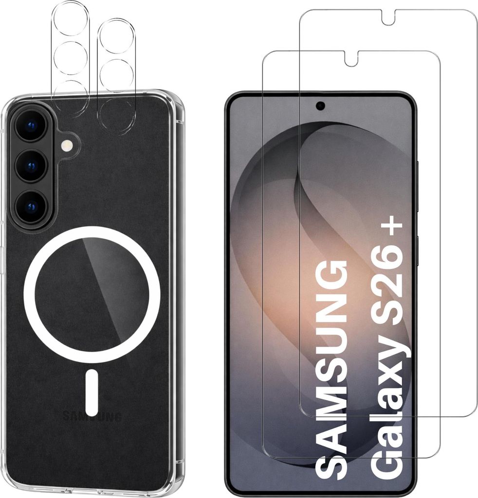 Hülle für Samsung Galaxy S26 PLUS und 2 gehärtete Displayschutzfolien und 2 Kameraschutzfolien – integrierter Magnetring Phonillico