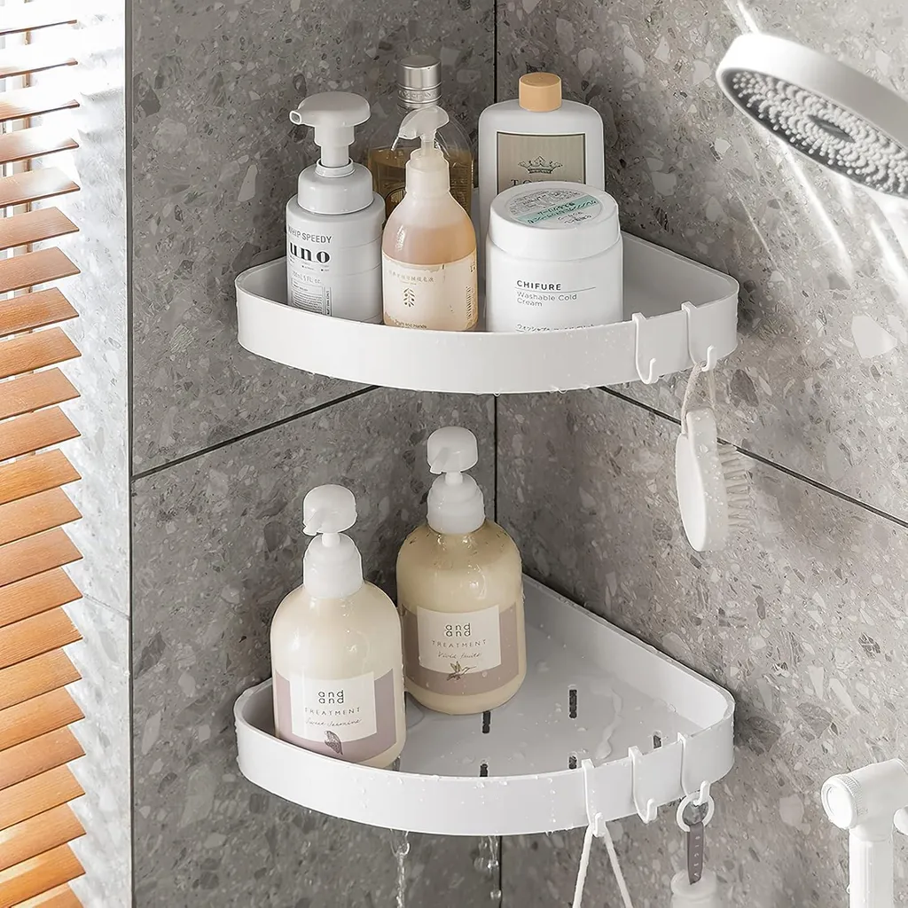 Double étagère de douche d'angle sans perçage avec 4 crochets blancs