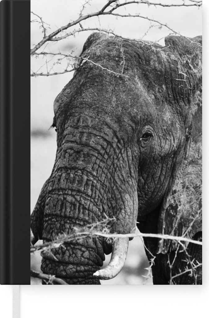 MuchoWow Notizbuch Tagebuch Haushaltsbuch Notebook A5 Elefant - Tiere - Äste - Natur - Schwarz und weiß - Notizblock - Notizheft - Notebook - S...