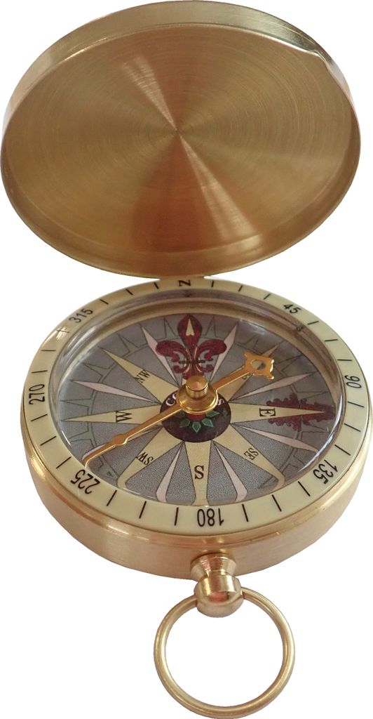A brass compass with its lid open, showing the compass face.