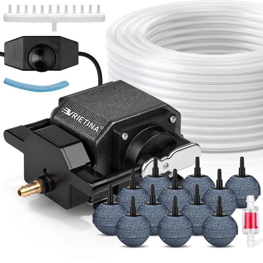 Aquarium Luftpumpe Teichbelüfter mit 40W Dual-Kanal-Kupfermotor 12 Luftstein 50M Luftschlauch Alugehäuse Regelbar Bis 80L/Min Teichbelüftungspumpe