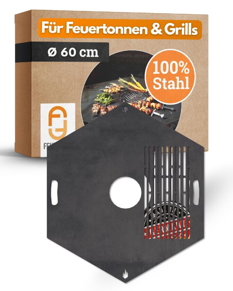 Feuerplatte Grillplatte mit integriertem Rost 6-eckig Ø 60 cm Design 3