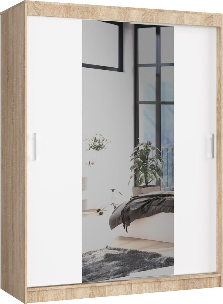 Schwebetürenschrank – Schlafzimmerschrank 2 Türen mit Kleiderstange – CLP – 150 cm – Sonoma Eiche / Weiß – Moderner Kleiderschrank mit...
