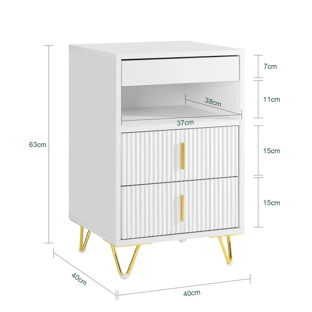 Petite commode de chambre blanche 3 tiroirs - Table d'appoint salon 63 cm