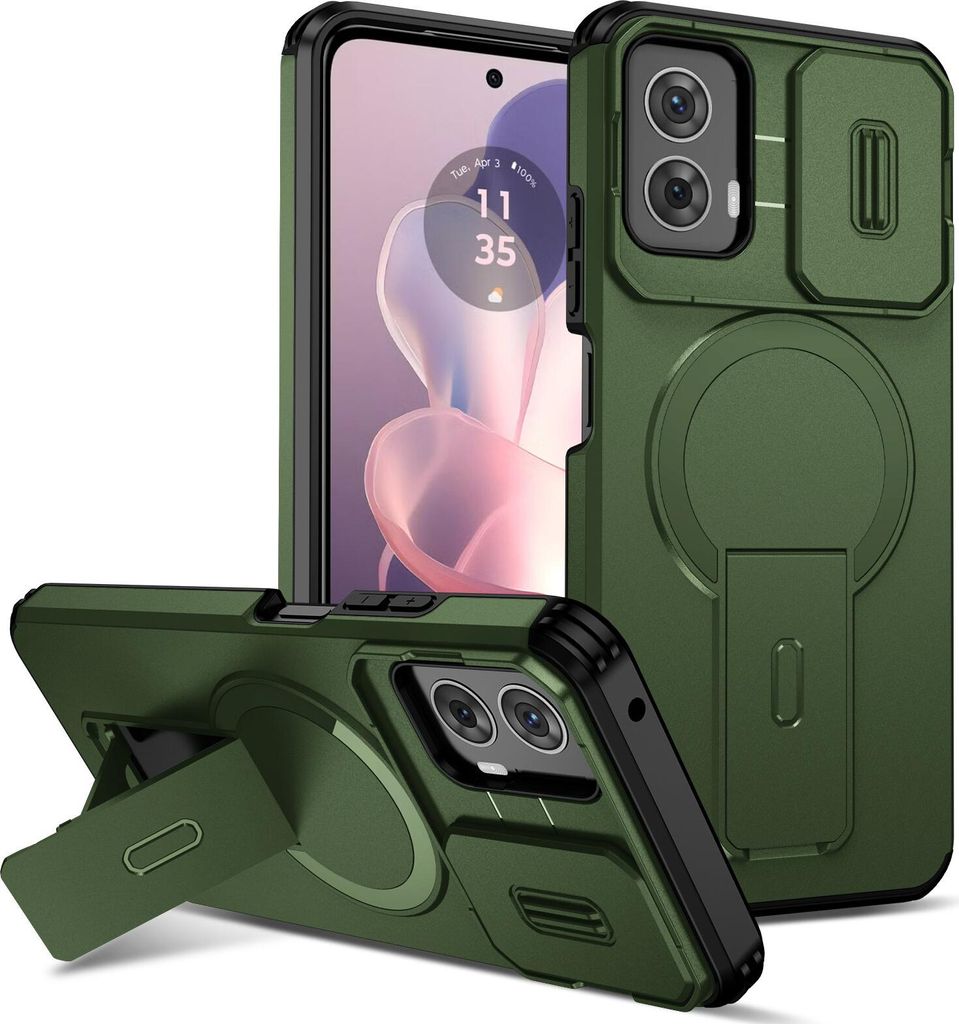 Magnetisch Hülle für Motorola Moto G Power 2024 5G, Dual Layer Stoßfest Handyhülle mit Dia Kameraschutz, Verstellbarem Ständer Grün