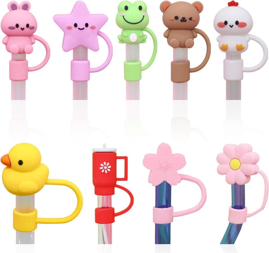 Allecto Premium - Wiederverwendbare Strohhalmdeckel für Becher - Set von 9 - Cartoon-Thema