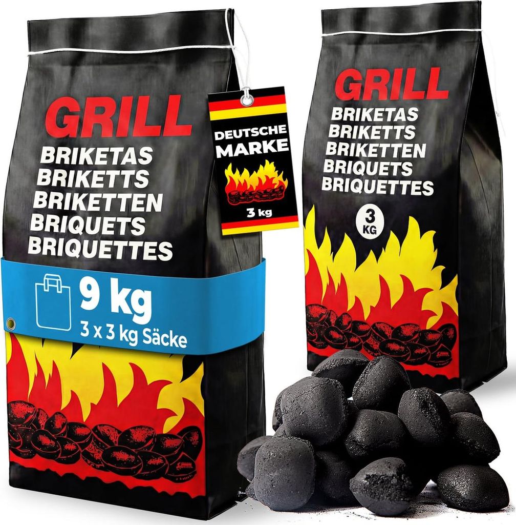 DEUBA 9 Kg Grillbriketts 3 x 3kg Holzkohle Grillkohle Holzkohlebriketts Holzkohlegrill Grill