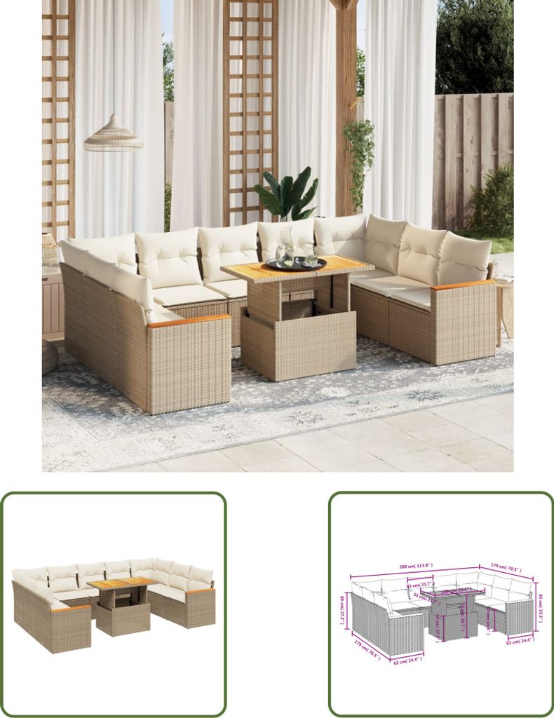 The Living Store 10-tlg. Garten-Sofagarnitur mit Kissen Beige Poly Rattan