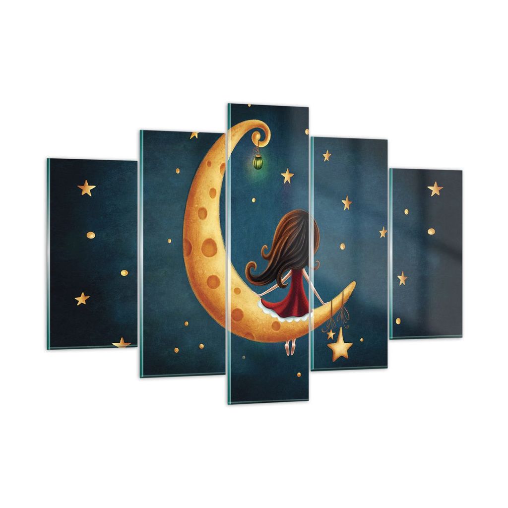 Bilder auf glas - 5 Teile - Kinder Mädchen Mond - 150x100cm - Glasbilder - Wandbilder - Bilder - zum Aufhängen bereit - Wanddekoration aus Glas -...