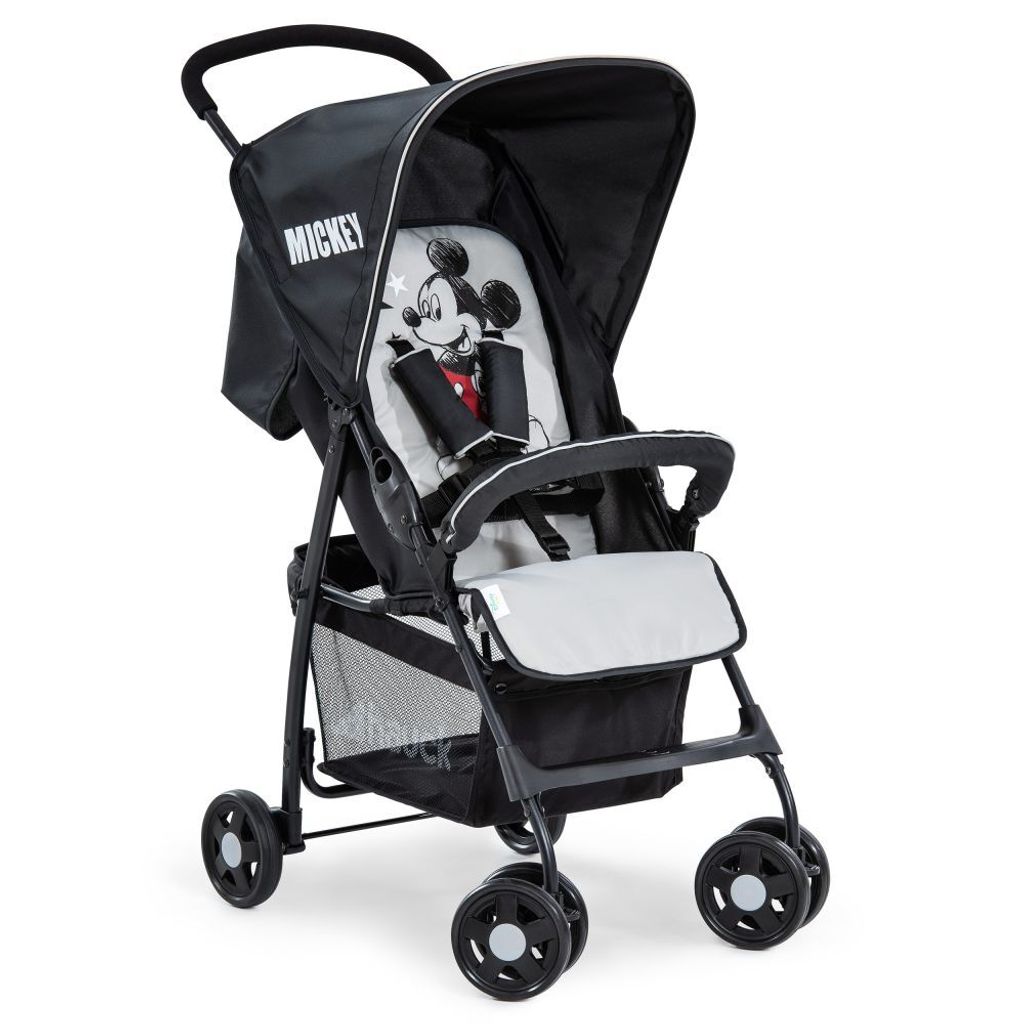 A black and gray stroller with Mickey Mouse graphics, shown from a front-diagonal angle against a white background.