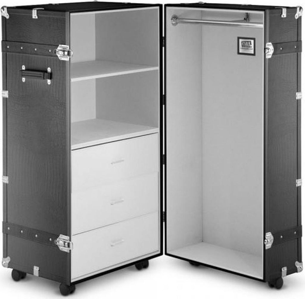 Casa Padrino Luxus Kunstleder Kofferschrank im Vintage Stil Schwarz / Silber 60 x 69 x H. 120 cm - Schrankkoffer mit Rollen - Luxus Kollektion
