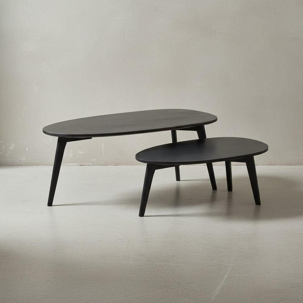 Design Couchtisch 2er Set Mango Massivholz Wohnzimmertisch Schwarz, Satztisch Holztisch Nierenform Kaffeetisch, Retro Tischset 2-teilig Beistelltis...