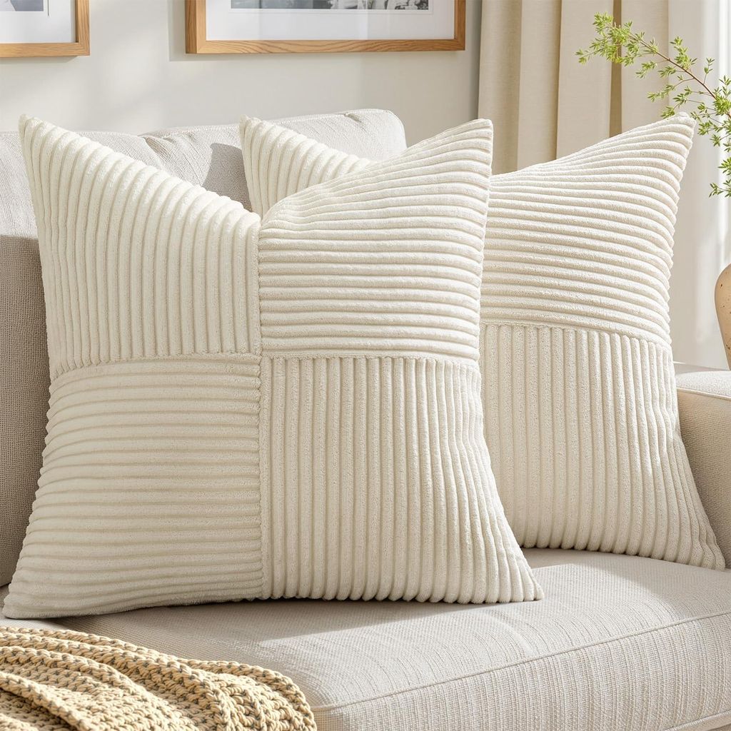 Set mit 2 Kissenbezügen, 50 x 50 cm, beigefarbener Cord, Dekokissen, Sofakissen, Kissenbezüge, Patchwork-Cord-Dekokissen für das Sofa, Wohnacces...