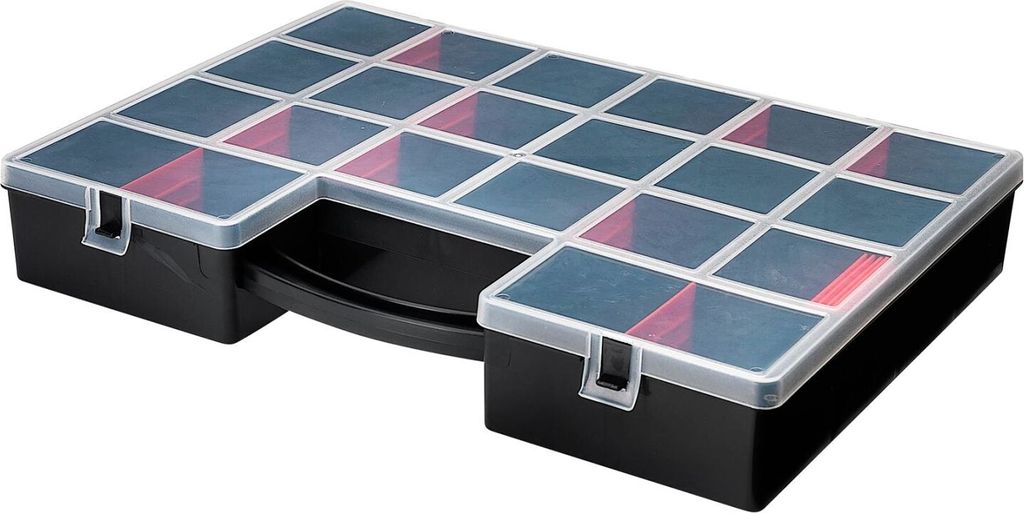 A black organizer box with multiple transparent compartments, some containing red items.
